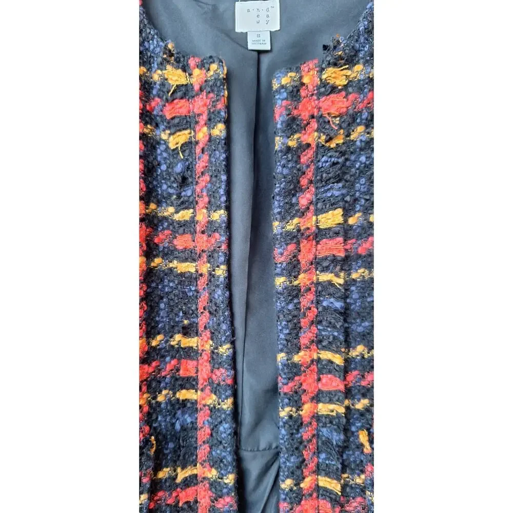 Tweed Bouclé Lady Jacket Fall Winter Blazer Plaid Black Orange-Red Yellow Size S